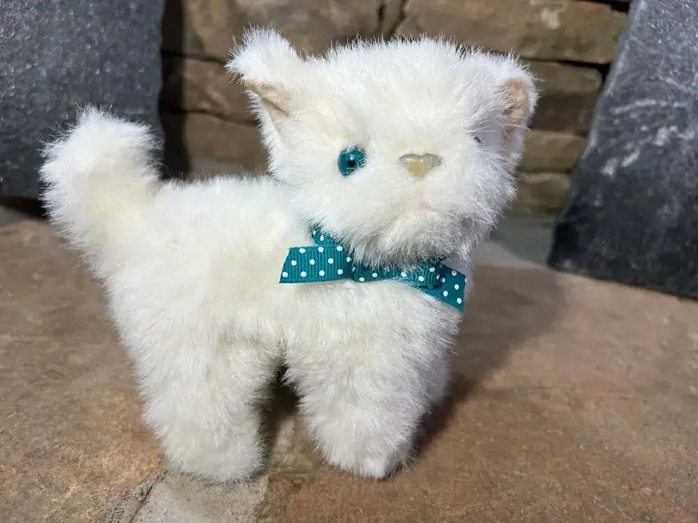 GUND vintage White Kitten Plush Teal polka dot bow Blue Eyes